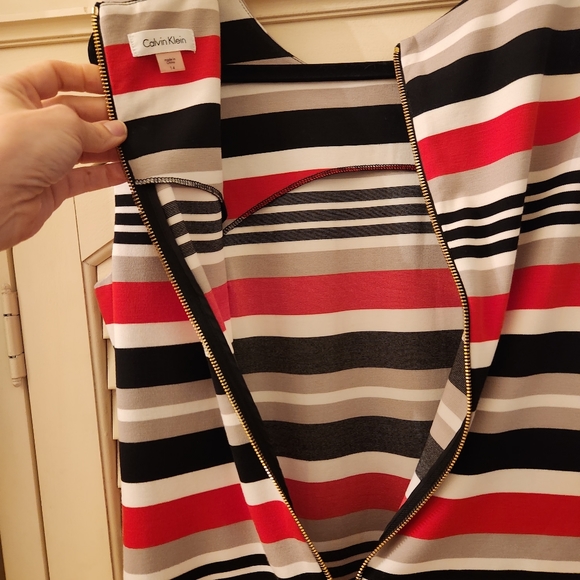 Calvin Klein Dress Womens sz 14 Red Tan Black Stripe Sleeveless Sheath - Picture 6 of 7
